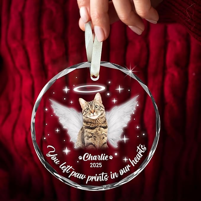 Personalized Cat Memorial Ornament, Pet Loss, Angel Keepsake for Cat Lovers, Custom Photo Glass Ornament – You Left Paw Prints in Our Hearts