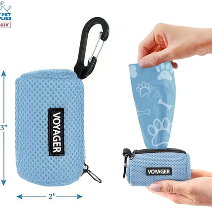 Best Pet Supplies Dog Poop Bag Holder Leash Attachment with 15 Bags, Baby Blue, Reusable Mesh Dispenser Pouch for Travel, Walking, Park, and Outdoor Use, Soft and Durable with Clip-On