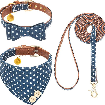 EXPAWLORER Dog Collar and Leash Set - Classic Plaid Dog Bow Tie and Dog Bandana Collar with Bell, Dog Leash Tangle Free, Adjustable Collars for Small Medium Large Dogs Cats, Holiday Ideal Gift