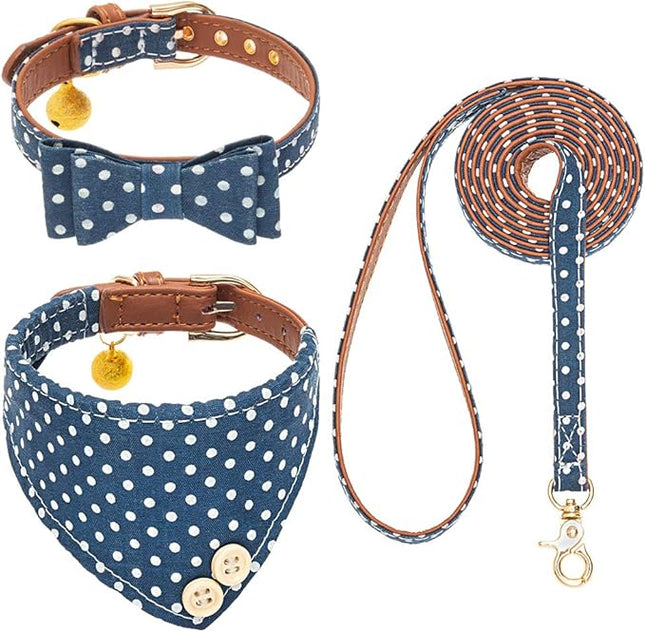 EXPAWLORER Dog Collar and Leash Set - Classic Plaid Dog Bow Tie and Dog Bandana Collar with Bell, Dog Leash Tangle Free, Adjustable Collars for Small Medium Large Dogs Cats, Holiday Ideal Gift