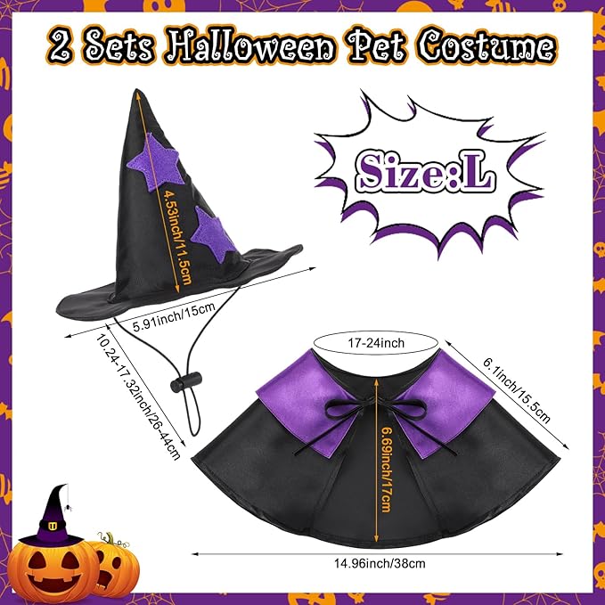 2 Sets Halloween Pet Costume Cats Witch Shaped Cloak and Hat Witch Cloak for Small Large Pets Gifts Party Favor(Large)