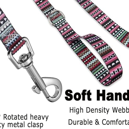 Dog Collar and Leash Set with Bohemia Floral Tribal Geometric Patterns - Soft Ethnic Style Collar Adjustable for Small Medium Large Dogs(Bohemian Purple Set,L)