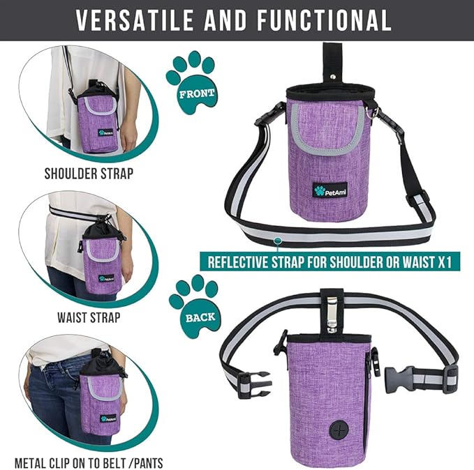 PetAmi Dog Treat Pouch, Large Pet Training Treat Pouch with Pocket, Dog Trainer Essentials Supply Holder with Poop Bag Dispenser, Training Bag for Kibbles Toys, 3 Ways to Wear (Purple)