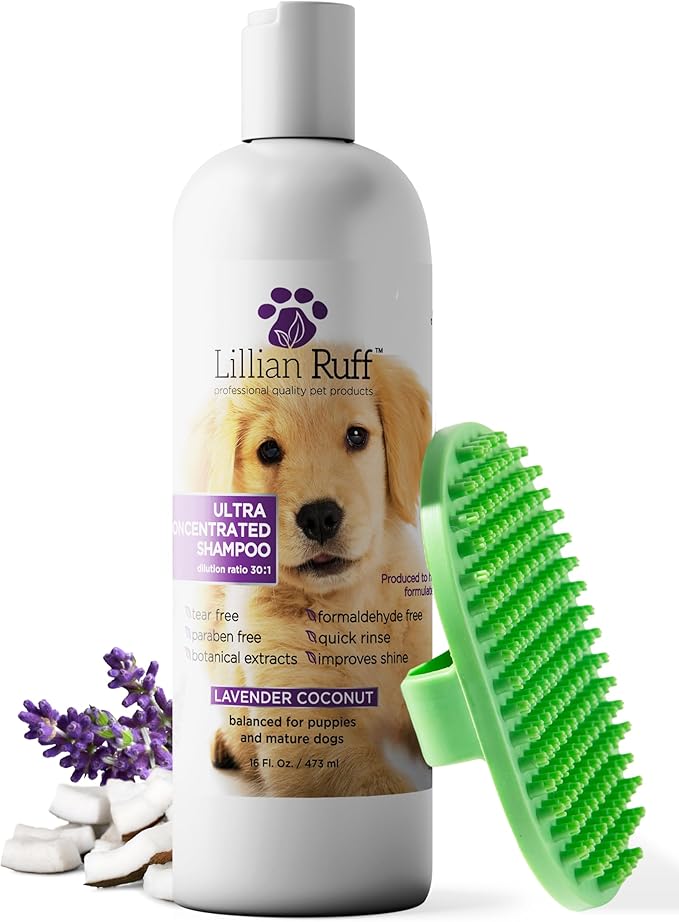 Lillian Ruff PRO Formula Ultra Concentrated Dog Shampoo – Makes 4 Gallons/30 Bottles, 30:1 Dilution, Professional Pet Shampoo for Sensitive Skin | Deodorizing & pH-Balanced Made in USA 16.9oz + Brush
