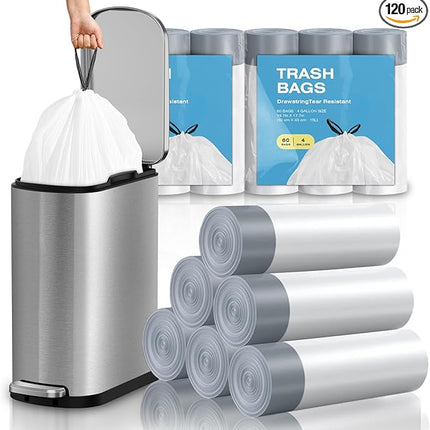 2.6 Gallon Mini Drawstring Trash Bags, Small Garbage Bags by KSSKSS, Code a fit 10-15 Liter, 2.6-4 Gal, White Trash Bin Liners for Home Office Kitchen Bathroom Bedroom, 120 Counts