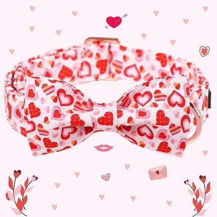 Maca Bates Valentine's Day Dog Collar with Fancy Bow for Small Girl Boy Dogs,Love Pink Hearts Pattern,Adjustable Durable Soft Valentine Gift for Female Male Puppy
