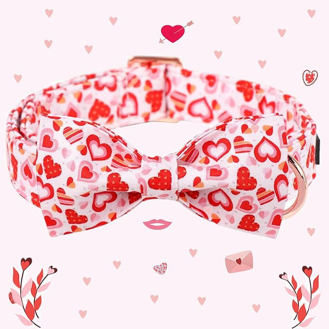 Maca Bates Valentine's Day Dog Collar with Fancy Bow for Large Girl Boy Dogs,Love Pink Hearts Pattern,Adjustable Durable Soft Valentine Gift for Female Male Puppy