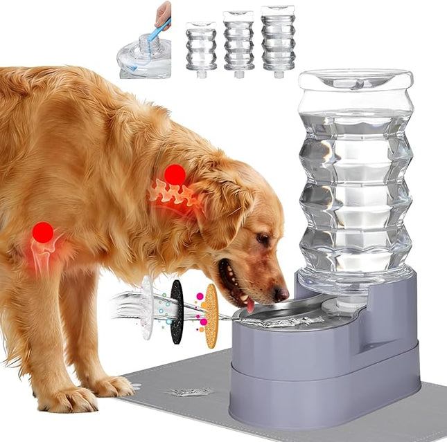 RIZZARI Large Water Dispenser for Dogs: 8L Gravity Gray Automatic Stainless Steel Waterer with Specialized Brush and Triple Filter - Raised Pet Feeder for Senior Dogs with Joint Pain in Bedroom Garden