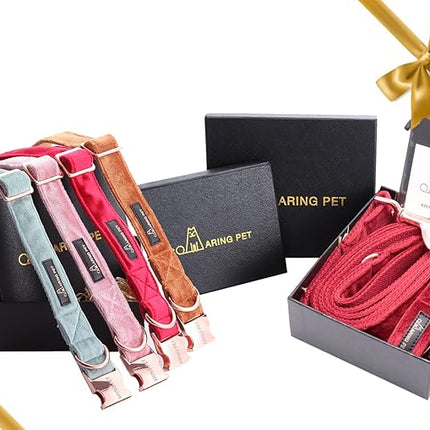 ARING PET Velvet Dog Collar Set, Cute Velvet Dog Collar and Leash Set, Soft & Comfy, Adjustable Christmas Red Collars with Metal Buckle for Small Medium Large and Girl Boy Dogs
