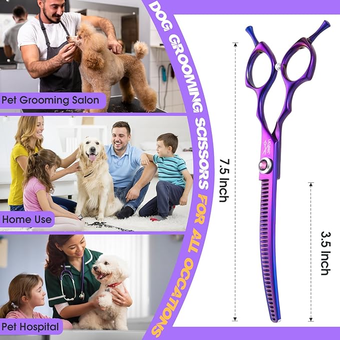JASON 7.5" Curved Chunkers Shears - Professional Dog Scissors for Grooming, Japanese 440C Stainless Steel Blender Shears with Diamond Adjustable Screw (35 Teeth, Purple)