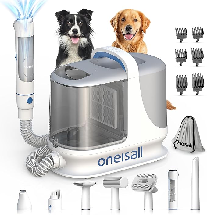 oneisall Dog Grooming Vacuum, 13000Pa Powerful 3L Dust Cup Pet Grooming Vacuum with Dog Clippers & Shedding Brush 7 Dog Grooming Kit, 3L Dust Cup, Super Quiet, 3 Suction Levels, BM3