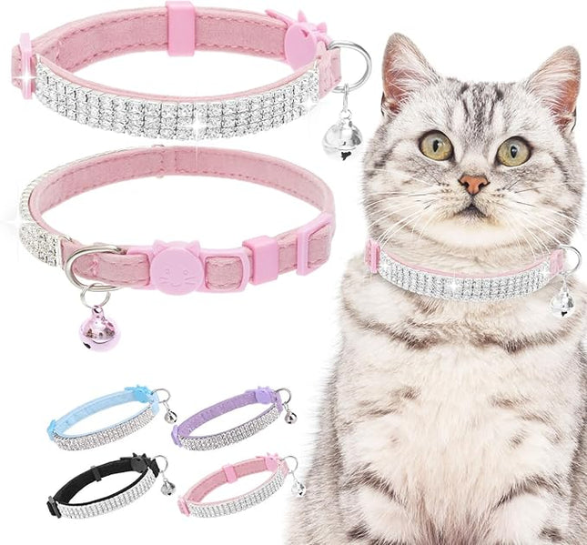 EXPAWLORER Soft Velvet Safe Cat Collars for Girl Cats - Rhinestones Bling Diamante Adjustable Collars Breakaway- Chirstmas Cat Clollar Gifts with Bells for Boy Cats Kitty and Small Dogs