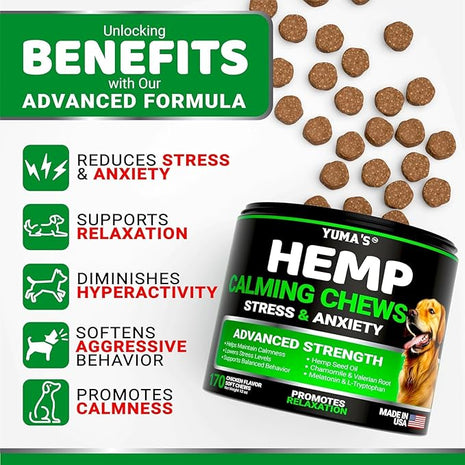 YUMA'S (2 Pack) Hemp Calming Chews for Dogs - Advanced Dog Calming Chews - Anxiety Relief Treats - Separation Aid, Barking, Stress Relief, Thunderstorms - Melatonin - Hemp Oil - Made in USA