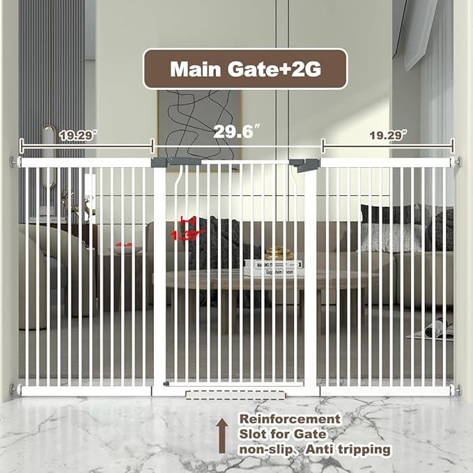 41" Extra Tall and Wide Baby Gate, 68.5-72.2'' Wide Pet Cat Gate for Doorway, Extra Wide Pressure Mounted Child Door with Expansion Kit, Metal Safe Gate, Tall Dog Gate, White