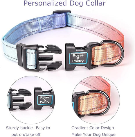 Roses&Poetry Reflective Dog Collar with Gradient Azure, Adjustable Durable Pet Collars for Small Medium Large Dogs (Azure-M)