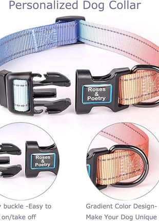 Roses&Poetry Reflective Dog Collar with Gradient Azure, Adjustable Durable Pet Collars for Small Medium Large Dogs (Azure-L)