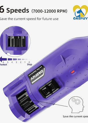Casfuy Dog Nail Grinder Quiet - (45db) 6-Speed Pet Nail Grinder with 2 LED Lights for Large Medium Small Puppy Dogs/Cats, Professional 3 Ports Rechargeable Electric Dog Nail Trimmer with Dust Cap