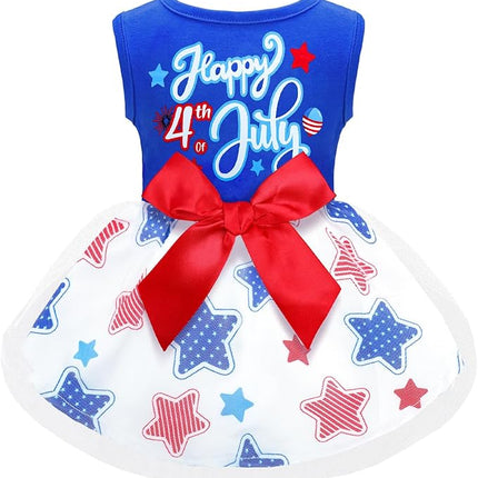 Happy 4th of July Dog Outfit Patriotic Dog Tulle Dress with Red Bowknot Independent Day Dogs Pet Doggie Apparel Clothes for Small Dogs Puppy Cats Girl