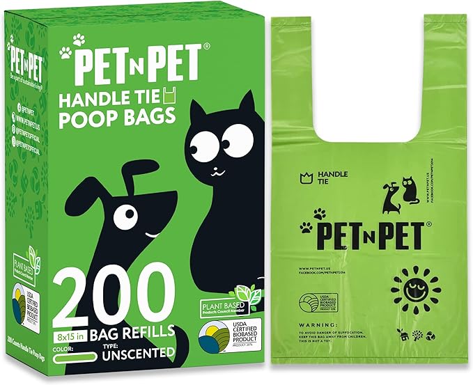 Pet N Pet 200 Counts Unscented Dog Poop Bags Rolls with Tie Handles, 38% Plant Based & 62% PE Poop Bags for Dogs, Extra-Thick Doggie Poo Bag, Pet Waste Bag