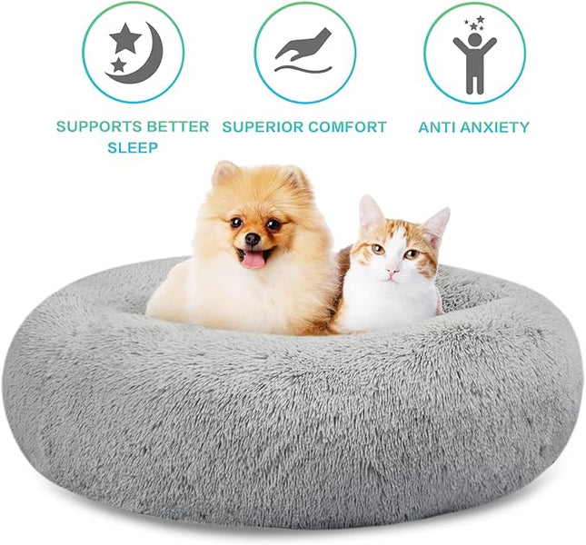 SAVFOX Calming Dog Bed, Anti Anxiety Dog Bed, Plush Donut Dog Bed for Small Dogs, Medium, Large & X-Large, Soft Fuzzy Comfy Dog Bed in Faux Fur, Cuddler Pet Bed, Washable, Multiple Sizes S-XL