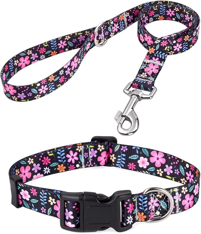 Dog Collar and Leash Set with Bohemia Floral Tribal Geometric Patterns - Soft Ethnic Style Collar Adjustable for Small Medium Large Dogs(Floral Set,XS)
