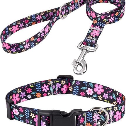 Dog Collar and Leash Set with Bohemia Floral Tribal Geometric Patterns - Soft Ethnic Style Collar Adjustable for Small Medium Large Dogs(Floral Set,S)