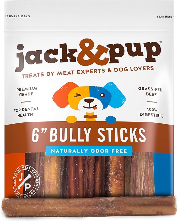 Jack&Pup 6-inch Bully Sticks for Aggressive Chewers (5 Pack) Dog Chews Long Lasting, Bully Sticks for Medium Dogs