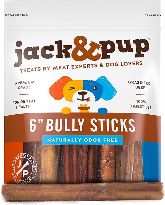 Jack&Pup 6-inch Bully Sticks for Aggressive Chewers (5 Pack) Dog Chews Long Lasting, Bully Sticks for Medium Dogs