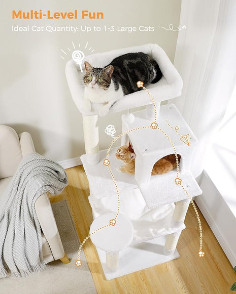 Cat Tree for Large Cats with Metal Plush Big Hammock, 56.3" Cat Tower for Indoor Cats with 2 Door Condo House, 6-Tier Cat Shelves with Scratching Posts and Large Top Perch, Cream White