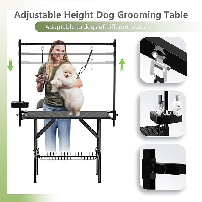 VFK 36''/47''Large Dog Grooming Table, Foldable Pet Station at Home, Dog Grooming Table,Adjustable Cat Drying Desktop with Arms, Nooses, Mesh Tray (Basic pet Table, 36" Black)