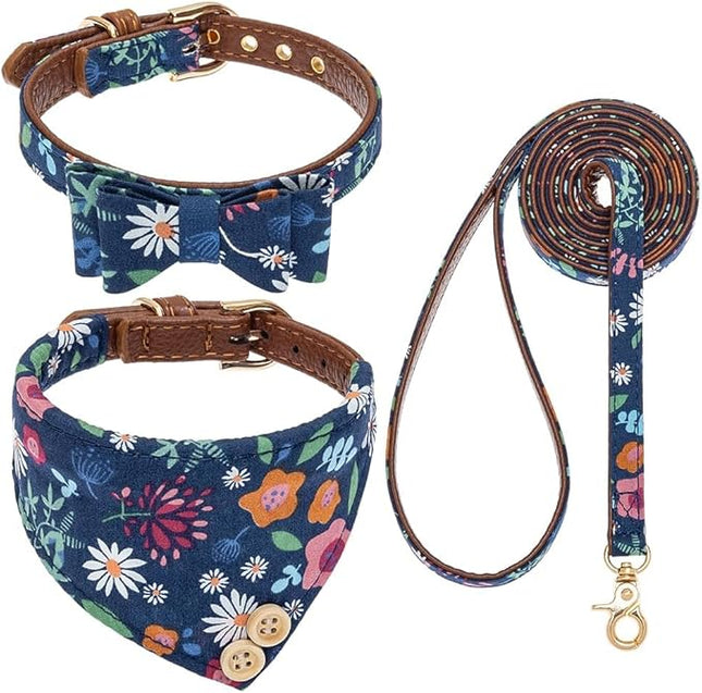 EXPAWLORER Dog Collar and Leash Set - Classic Plaid Dog Bow Tie and Dog Bandana Collar with Bell, Dog Leash Tangle Free, Adjustable Collars for Small Medium Large Dogs Cats, Holiday Ideal Gift