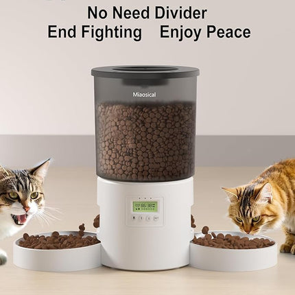 Automatic Cat Feeder for 2 Cats, 4.2L Dual Food Dispenser, Up to 6 Meals/Day, Portion Control, Voice Message, Dual Power Options (Transparent+White, Dual Stainless Steel Bowls)