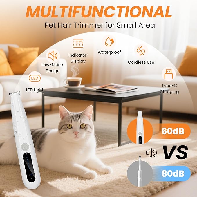 Dog Paw Hair Trimmer, Paw Trimmers for Dog's Feet, Rechargeable, Waterproof, Spare Blade, LED Display, Suitable for Cats & Dogs, Shaver for Paws Eyes Ears Face Buttocks, Dog Grooming Clippers