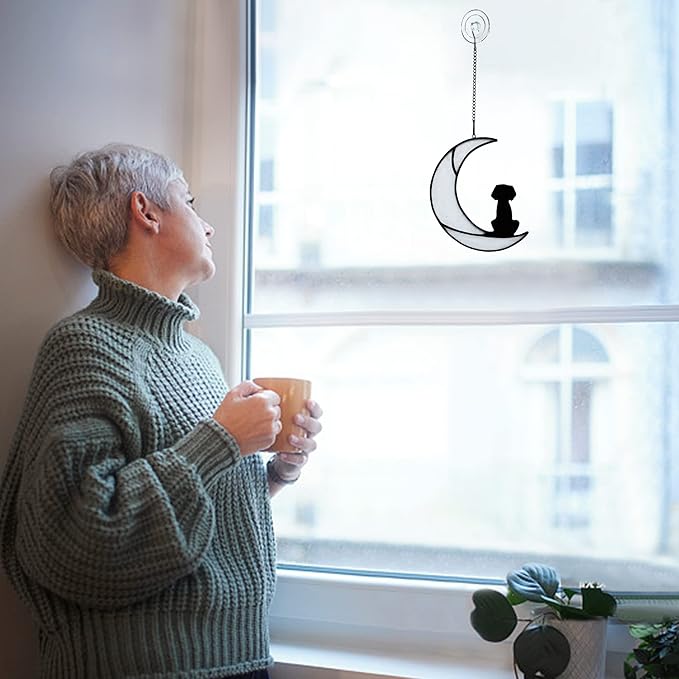 BOXCASA Dog Memorial Gifts for Dog Lovers,Dog on Moon Stained Glass Window Hanging for Suncatcher,Loss of Dog Sympathy Gift for Dog Lovers, Pet Memorial Sympathy Gifts