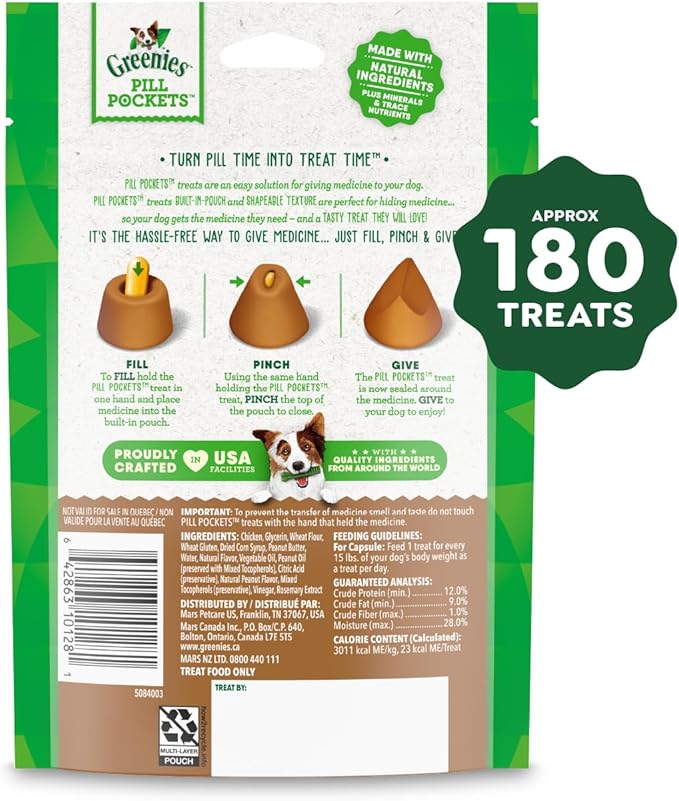 Greenies Pill Pockets for Dogs Large Size, Soft Dog Treats, Real Peanut Butter Flavor, (6) 7.9 oz. Pouches (180 Treats Total)