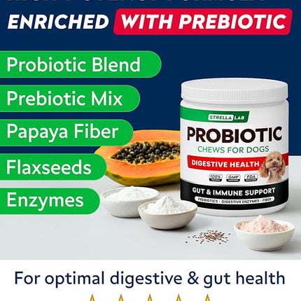 StrellaLab Dog Probiotics Treats for Picky Eaters - Digestive Enzymes + Prebiotics - Chewable Fiber Supplement - Allergy, Diarrhea, Gas, Constipation, Upset Stomach Relief - Improve Digestion&Immunity