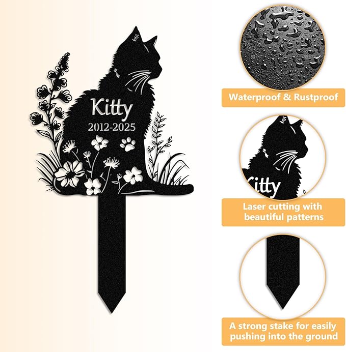 Personalized Pet Graves Marker Cat, Metal Memorial Plaques for Outdoor Graveyard Garden Yard, Custom Waterproof Pet Headstone with Name & Date, Cat Memorial Gifts for Loss of Cat Color03