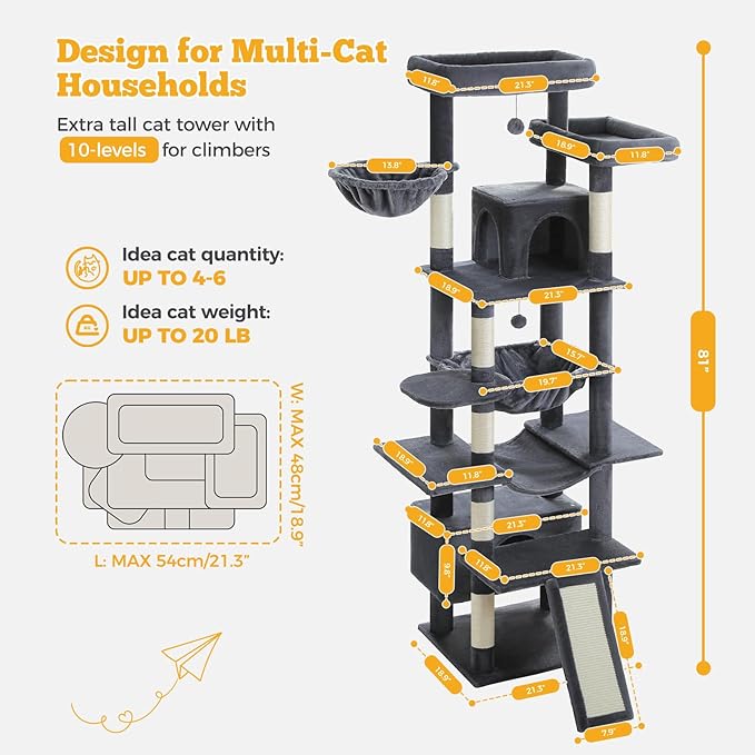 81" Heavy Duty Cat Tree for Large Cats up to 20lbs - Extra Tall Cat Tower with Metal Frame Hammock, 6 Sisal Scratching Posts, 2 Perches - Indoor Cat Furniture for Maine Coon, Dark Gray