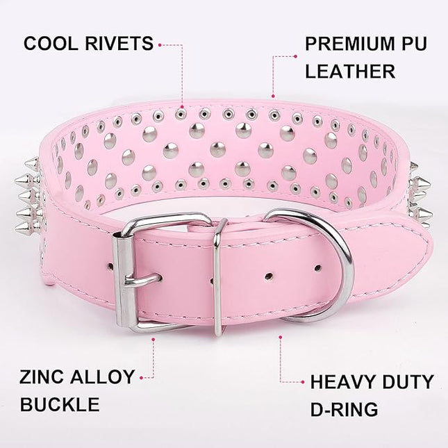 Epesiri Adjustable Wide Spiked Dog Collar, Mushroom Rivet PU Leather Cat Dog Collars, Durable Spike Studded Pet Collar for Small Medium Large Breed, PitBull Mastiff Bulldog Pugs Husky Rottweiler, Pink