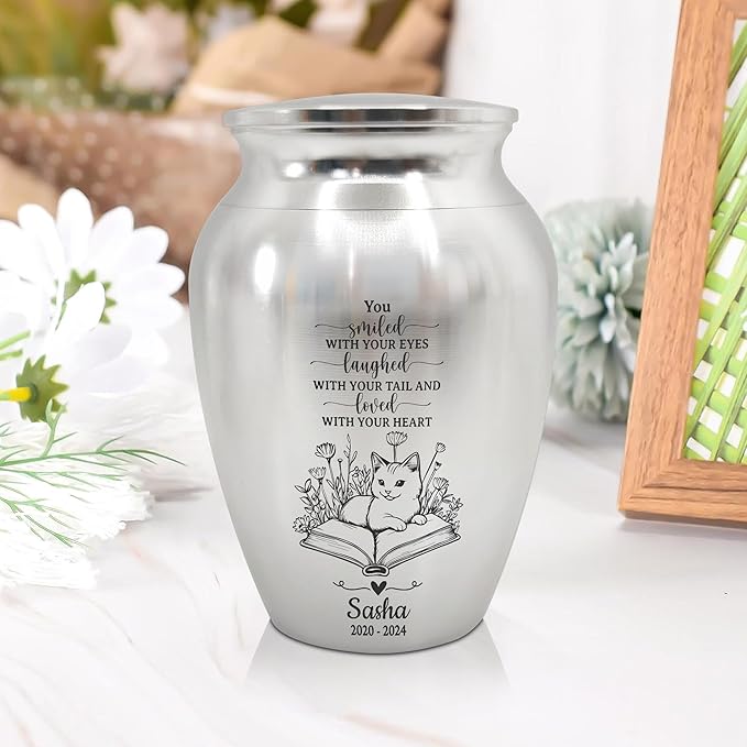 Artsy Woodsy Personalized Pet Memorial Mini Urns - Stainless Steel Decorative Keepsake Urns for Ashes, 2.56 inch, Gifts for Cat Lovers in Loving Memory