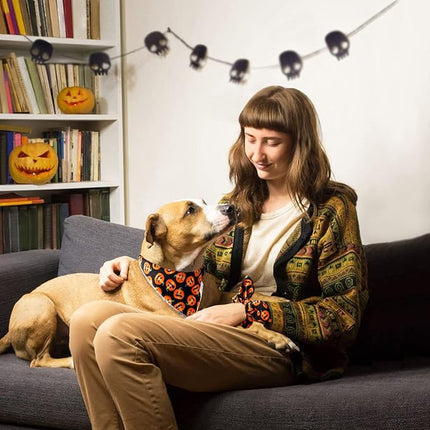 E-Clover Halloween Dog Bandanas & Matching Scrunchie Set Pumpkin Dog Scarf Kerchiefs Pet Outfit for Medium Large Dogs Owner Mom Orange Black Fall