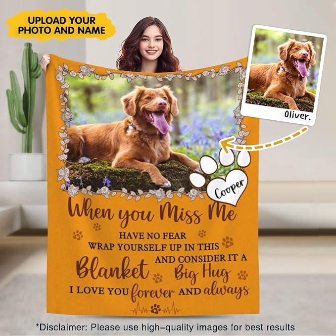 Custom Pet Memorial Blanket with Photo,Personalized Dog/Cat Loss Sympathy Gift,Pet Loss Bereavement Remembrance Gifts,Flannel Throw Blanket with Pictures (Orange)