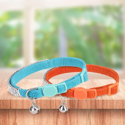 EXPAWLORER Soft Velvet Safe Cat Collars for Girl Cats -2 Pack Rhinestones Bling Diamante Adjustable Collars Breakaway- Chirstmas Cat Clollar Gifts with Bells for Boy Cats Kitty and Small Dogs