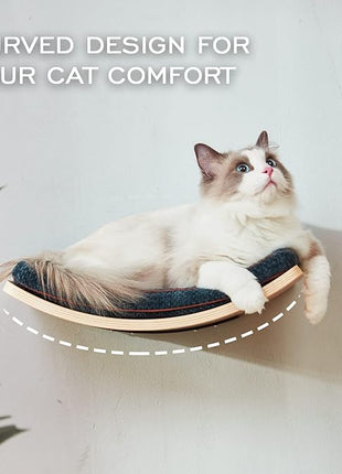 Cat Shelf with Comfortable Cushion - Curved Cat Shelves and Perches for Wall (Medium Size) - Wall Mounted Cats Furniture for Sleeping, Playing, Climbing, and Lounging