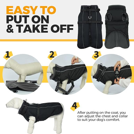 Lelepet Dog Coat for Large Dogs Waterproof Dog Jacket with Harness Built in Reflective Fleece Jacket with Zip Warm Winter Coats for Dogs Cold Weather Thermal Pet Snowsuit, Border Collie, Black, XL