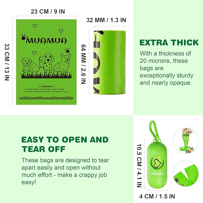 MUAMUA Biodegradable Dog Poop Bags 300 Count, 20 Rolls, Recyclable Waste with Dispenser, Large 9 x 13 Inches, Extra Thick, Leak Proof for Dogs and Cats