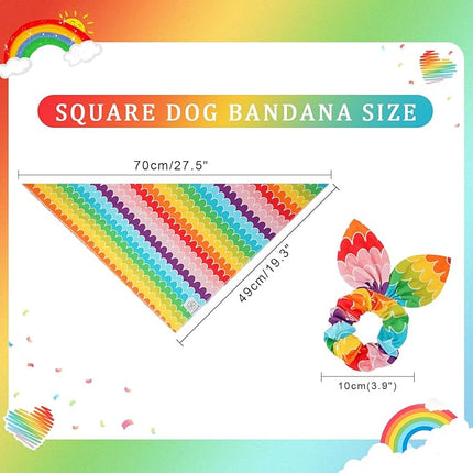 E-Clover Rainbow Dog Bandanas & Matching Scrunchie Set Girl Cute Pride Dog Scarf Bibs Pet Bandana with Bow Tie for Medium Large Dogs Owner Mom Summer