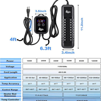 AQQA Submersible Aquarium Heater,100W/200W/300W/500W/800W/1000W/1200W Fish Tank Heater,External Temperature Controller LED Temperature Display,Suitable for Saltwater and Freshwater(800W)