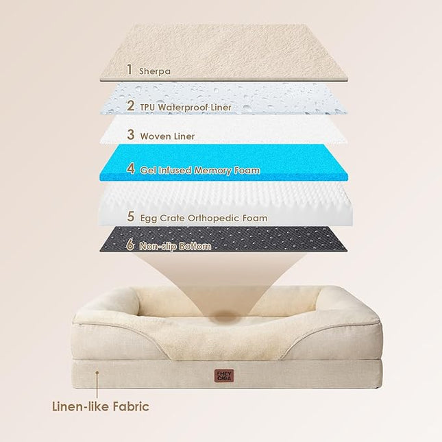 EHEYCIGA Memory Foam XL Dog Bed for XLarge Sized, Extra Large Orthopedic Dog Sofa with Sides and Waterproof Liner, Washable Bolster Pet Couch with Removable Cover, 48x35x7.5 Inch, Beige