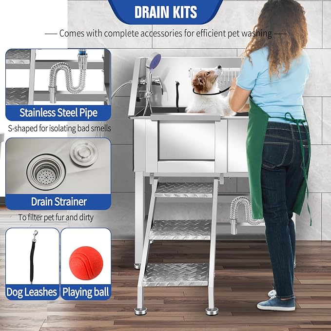 Professional Stainless Steel Dog Grooming Tub W/Soap Box, Faucet,Rich Accessory, Bathtub For Multiple Pets, Washing Sink For Home